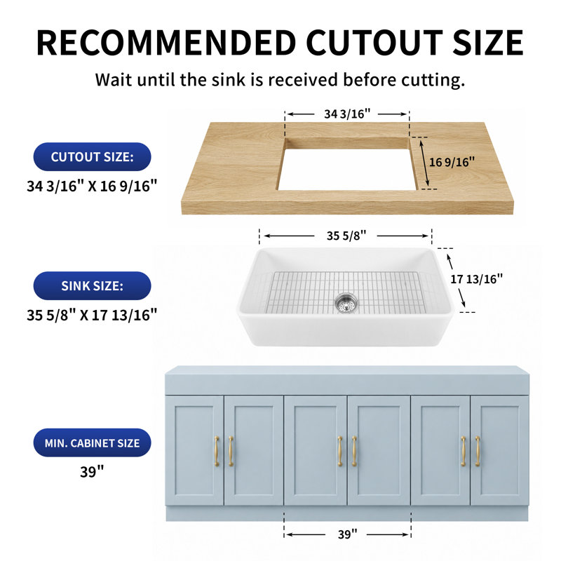 Grove 36" L X 18" W Fireclay Rectangular Single Bowl Farmhouse Kitchen Sink with Grid and Strainer, White