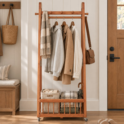 23.63"L Mid Century Modern Solid Wood Garment Rack with Hanging Rod, Multi Purpose Hooks, Storage Basket and Locking Casters for Bedroom, Closet and Entryway