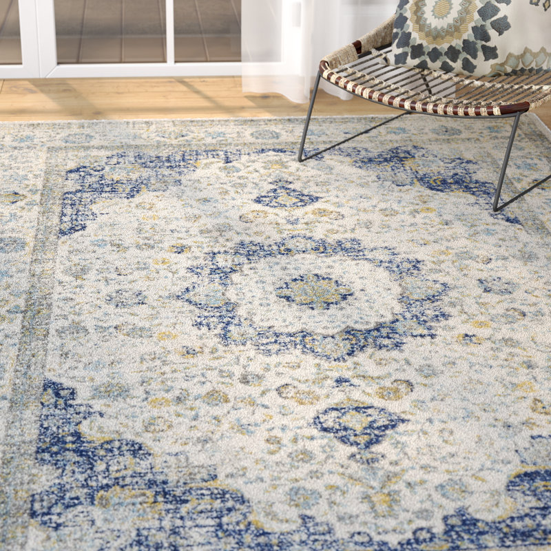 Annette Oriental Ivory/Blue Area Rug, Rectangle 3' x 5'