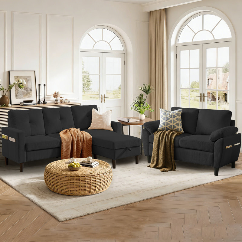 Ensemble de canapé 3 pièces 77,17 po avec repose-pieds et causeuse en velours côtelé 77,17 po, Beige