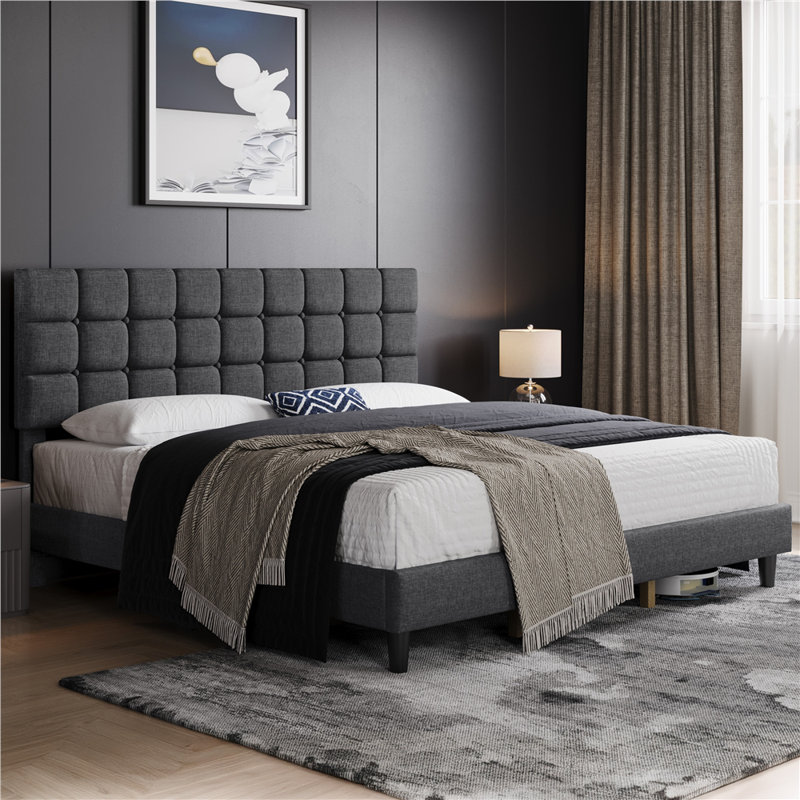Contemporary Modern Tufted Upholstered Platform Bed, Dark Gray, King