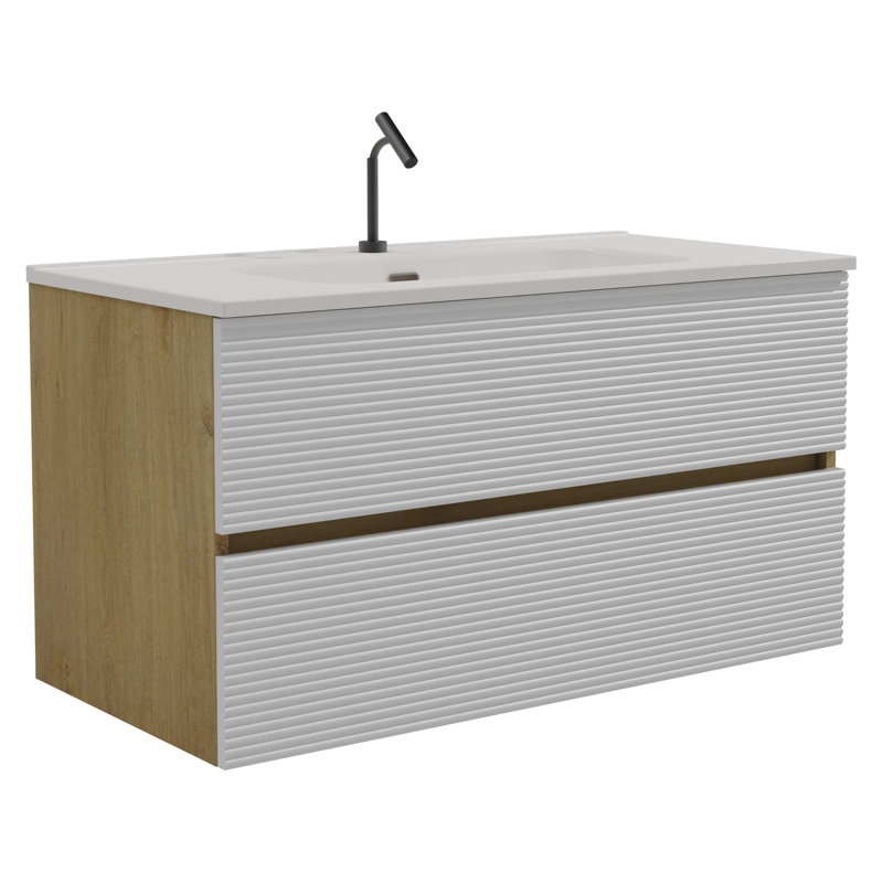 Meuble-lavabo 36 po - Blanc neige mat + Chêne naturel, trop-plein en céramique, rangement généreux, fermeture silencieuse et armoire en chêne 36 po, espace de rangement abondant,