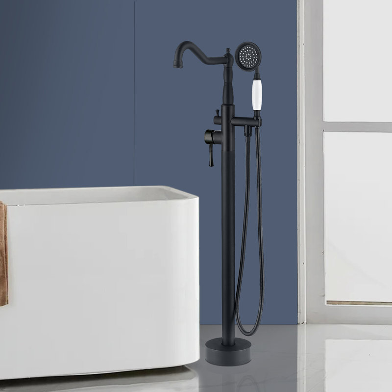 Double Handle Floor Mounted Tub Filler With Handshower, Matt Black