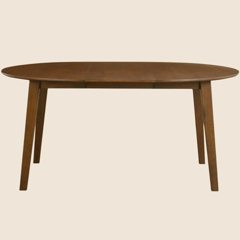 Mid-century modern oval dining table with a rich walnut finish and tapered legs.