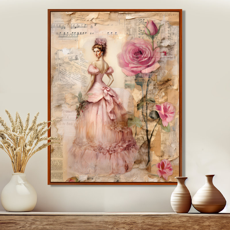«Victorian Lady Pink Roses Rustic Vintage I - Rose», art mural encadré, H 44 po x l 34 po x P 1,5 po, Cadre flottant brun
