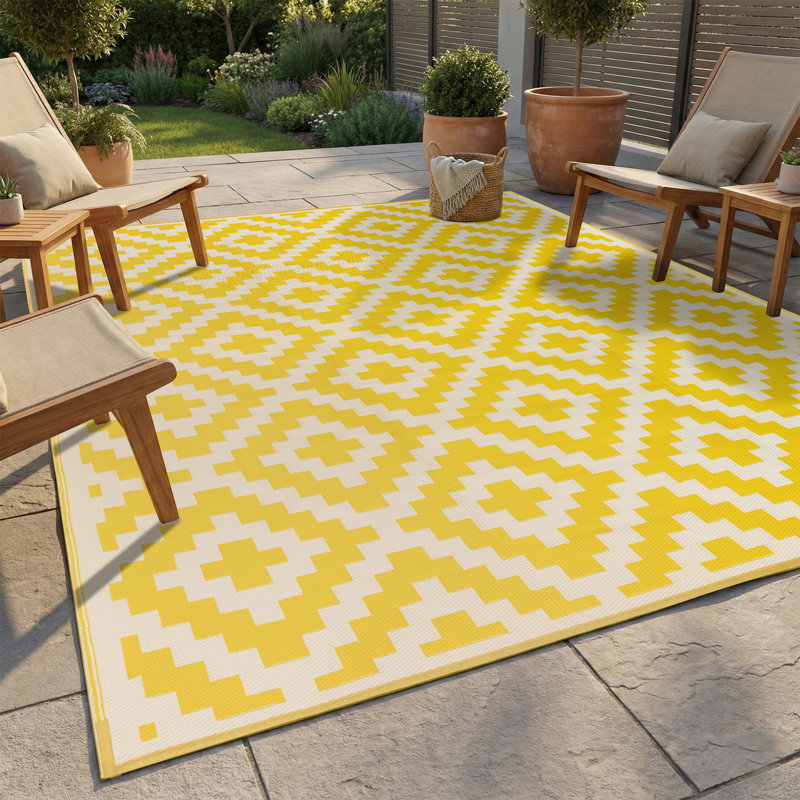 Tapis d'extérieur Geo Aztec Geo, Aztec - Yellow & White, Tapis de couloir de 9 pi x 18 pi