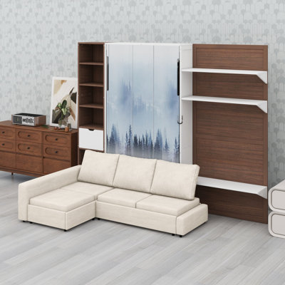 Murphy bed with sofa front, mountain landscape panel, storage and usb port for apartments and guest rooms