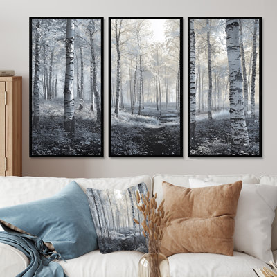 Bouleaux blancs dans la forêt d'hiver - ensemble de décorations murales paysage d'hiver