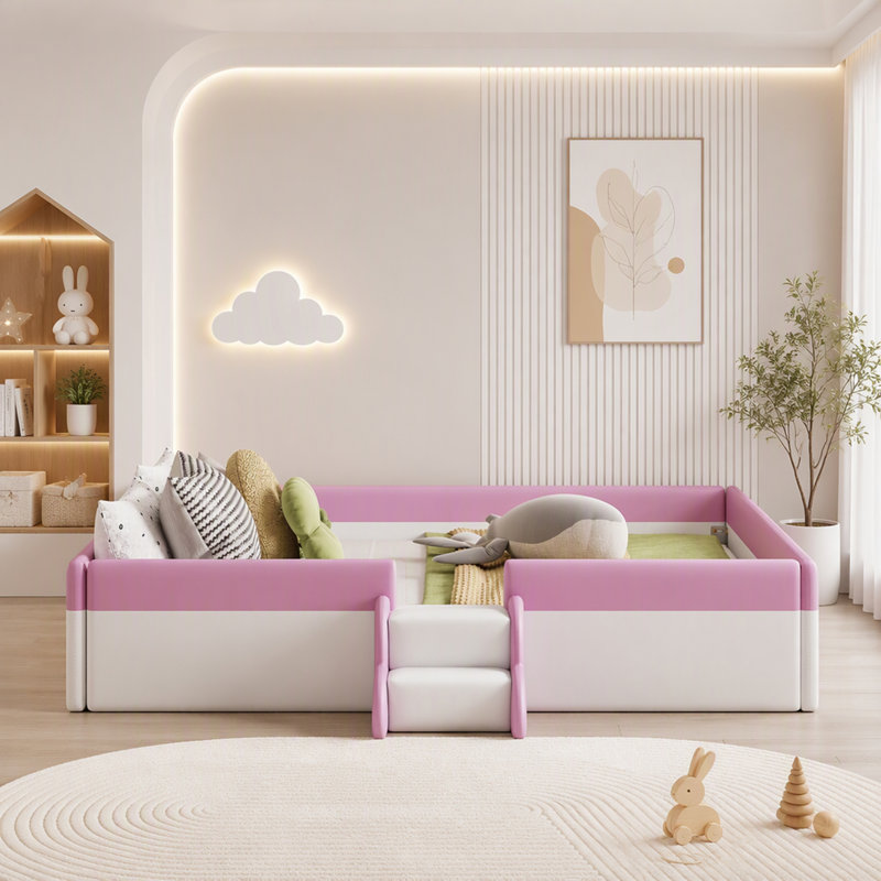 Lit de jour rembourré Queen Size, Grand lit, Rose et blanc