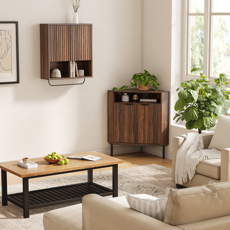 Modern 36" Fluted Corner Cabinet With Doors,Small Space Storage Solution With Adjustable Shelf & Metal Legs For Living Room, Bathroom