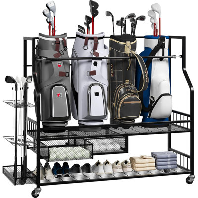 Golf Storage Rack with Drawer & Castors | Extra Large All-in-1 Organiser for 5 Bags, Double-Layer Metal Stand for Equipment Accessories in Garage & Home