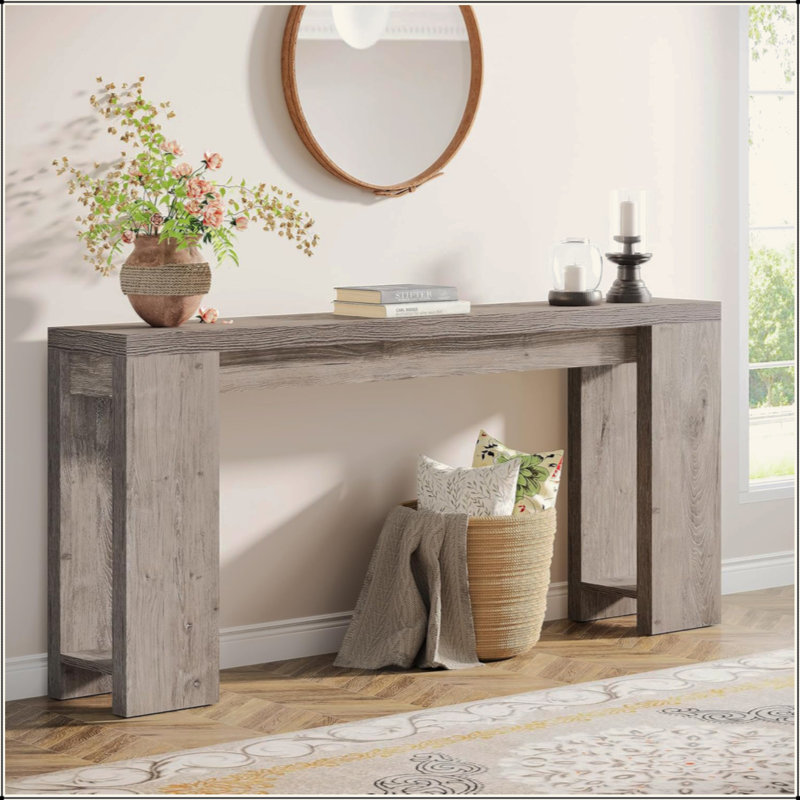 Très longue console de style campagnard, canapé-lit en bois étroit derrière le canapé, table d'appoint rustique gris avec rangement pour le salon, le couloir et le vestibule