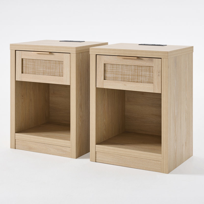 Arianna 25" H 1-Drawer Manufactured Wood Nightstand with Built-In Outlets, Light Oak