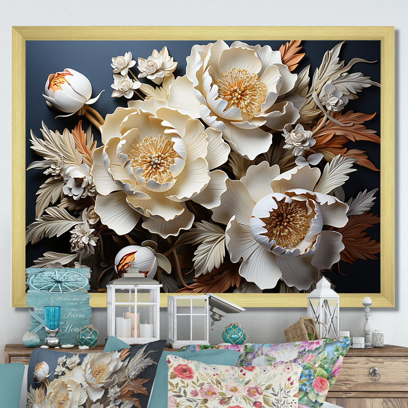 Pivoines dévoilées «I Blooms I» sur toile, Gold Floater Framed, 12" H x 20" W