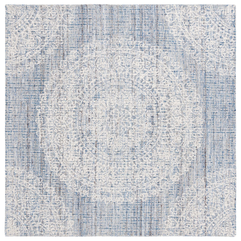 Ebony Hand Tufted Wool Cotton with Latex Floral Rug in Ivory/Blue, Square 6'