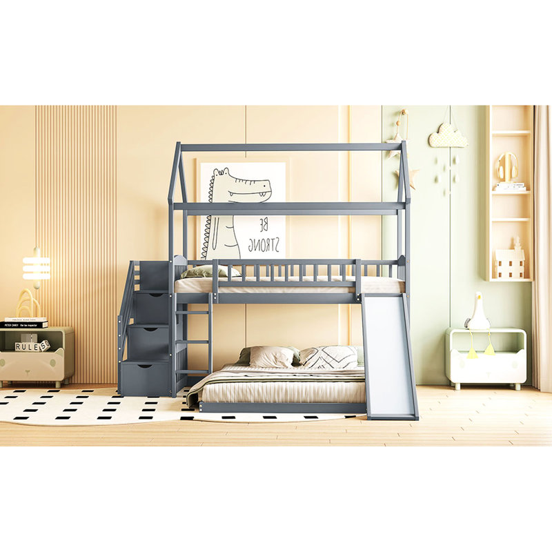 Les lits simples superposés avec glissade offrent un espace de sommeil confortable, Gris