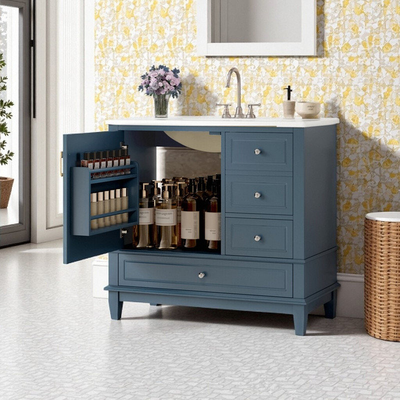Meuble-lavabo 36 po avec lavabo en céramique et 3 armoires en bois massif