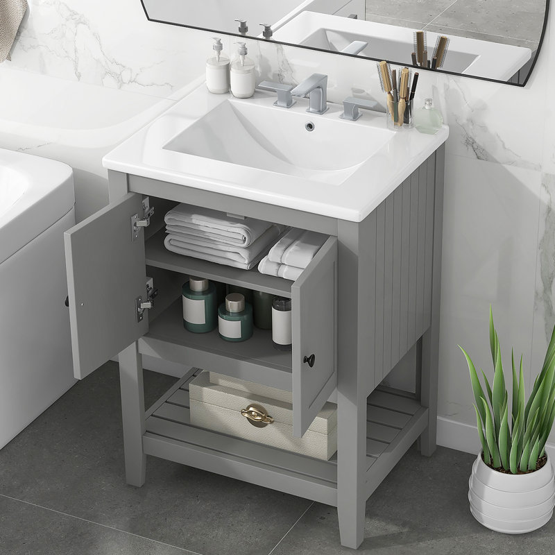 Lavabo de meuble-lavabo moderne élégant en céramique 30 po avec cadre ouvert en bois massif, Gris, Noir, 24"