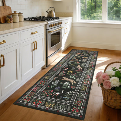 Washable Runner Rug 2x6 Floral Hallway Runner Farmhouse Botanical Animal Rug with Non Slip Backing, Low Pile Non Shedding Foldable Mat, Soft Thin Carpet for Kitchen Laundry, Black