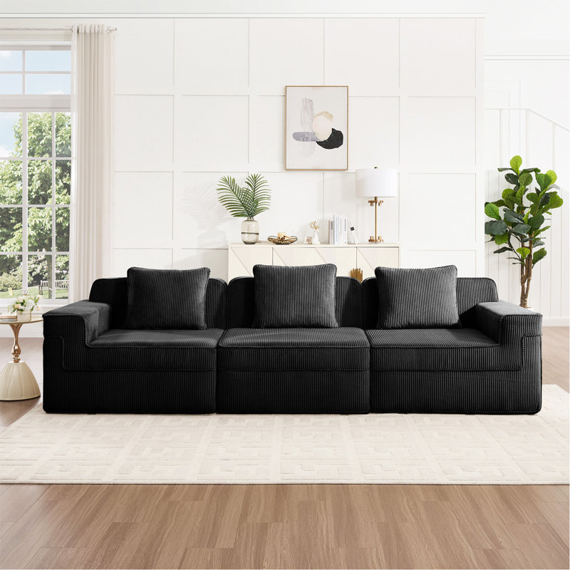 Canapé modulaire 3 places sans os, canapé modulaire Cloud avec assise profonde, canapé modulaire moderne 3 places avec coussins décoratifs Tissu velours côtelé noir