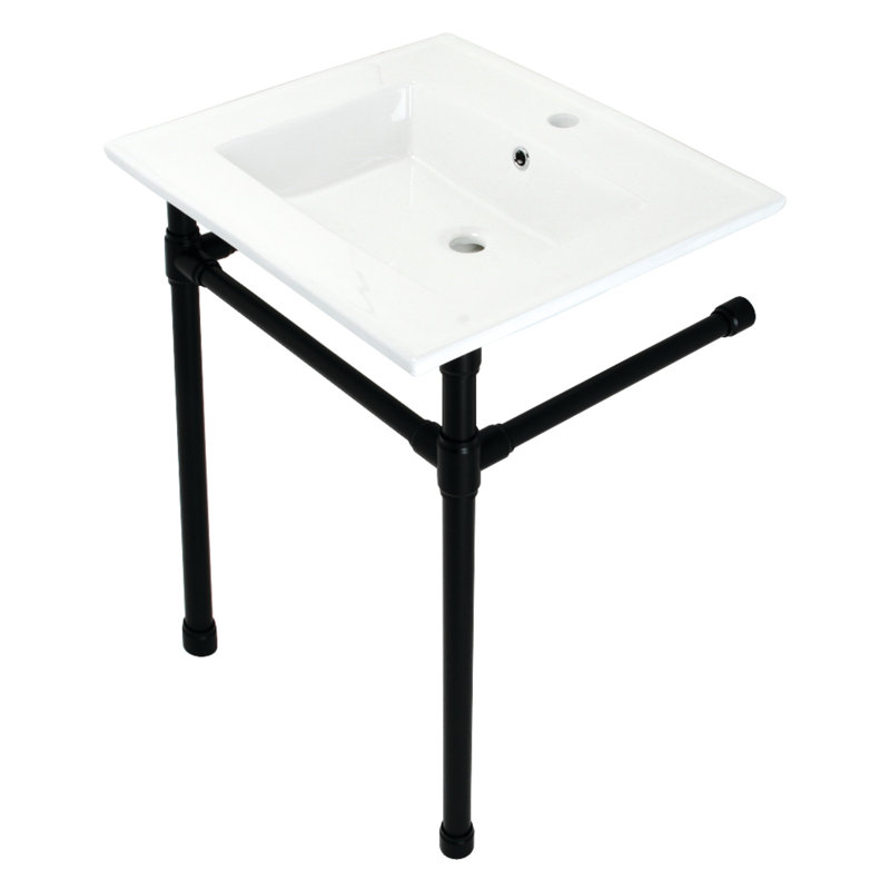 Lavabo de salle de bain console en céramique avec trop-plein, Noir mat, Simple