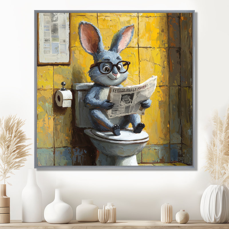 Ketterer lapin avec des lunettes dans la toilette I - lapin, art mural, Impression encadrée flottante, Argent argent