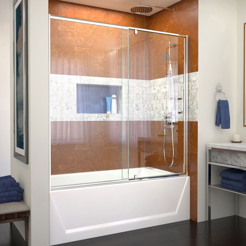 Porte de baignoire réversible semi-sans cadre H 56 "- l 60" H 58 ", Chrome