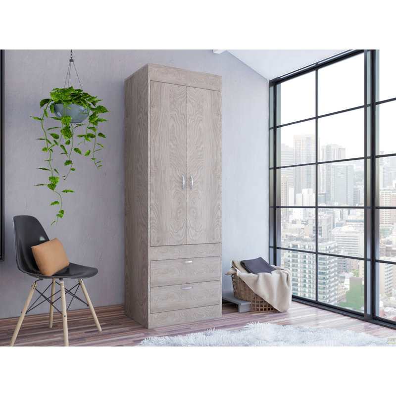 Double Door Cabinet, Two Drawers, Metal Handles, Rod, Light Gray