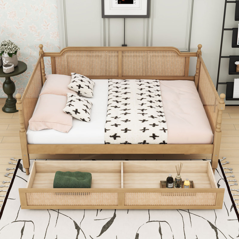 Lit de jour en bois avec tiroirs de rangement, Complet/Double, Noyer antique