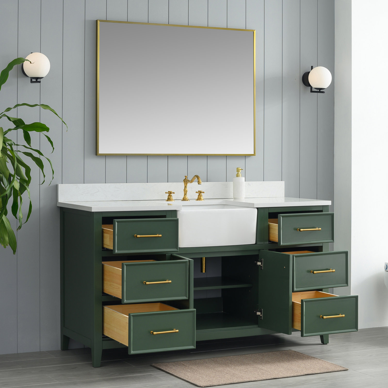 Aisa 60" Pine Single Bathroom Vanity, Evergreen/Brushed Gold