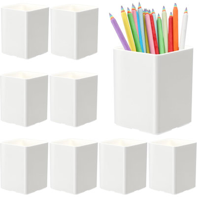 8 Pcs White Acrylic Pen Holder for Desk, Pencil Cup Bulk Makeup Brush Storage Organizer, Desktop Pencil Cup Stationery Desktop Stationery Organizer for Office School Home Supplies