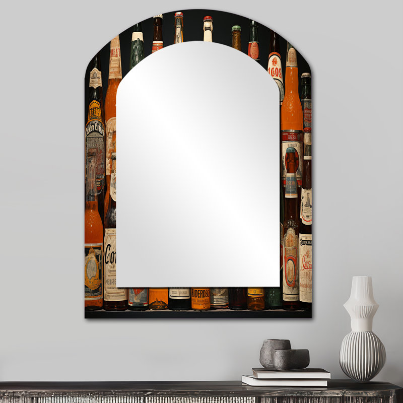 Beer Bottles Collage VIII - Orange Traditional Arch Wall Mirror, 34" x 25"