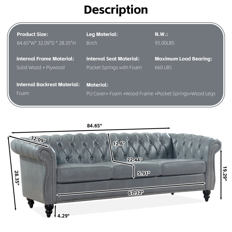 Annalena 84.65'' Faux Leather Sofa, Gray Faux Leather