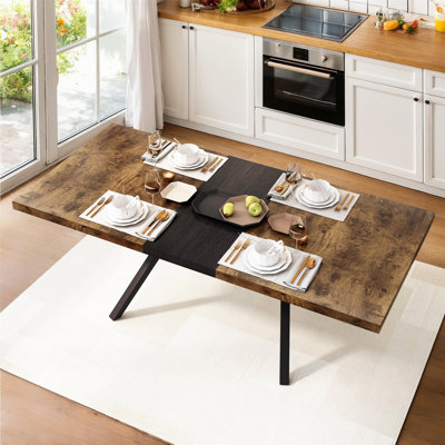 Table de salle à manger rectangulaire rétro avec plateau en bois antique et centre en relief noir, longueur réglable pour une utilisation polyvalente