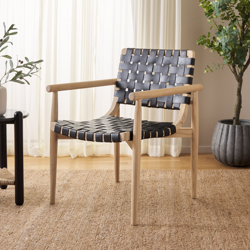 Keili Upholstered Armchair, Black Genuine Leather, Natural Sungkai Wood