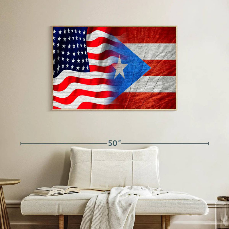 Drapeau de Porto Rico et des États-Unis, Cadre flottant en bois naturel, 40 po x 27 po