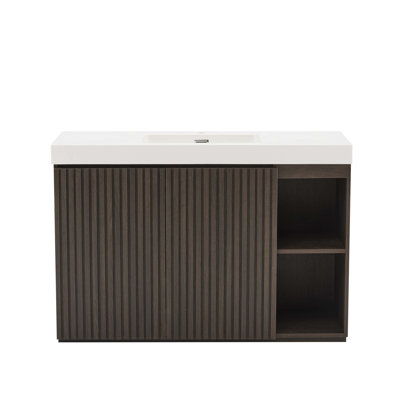 Meuble-lavabo autoportant de 48 po en chêne fumé avec lavabo, grand rangement pour salle de bain moderne, lavabo en quartz blanc une pièce (sans drain et sans robinet), KD