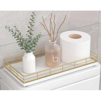 Organisateur de papier hygiénique en bois de chêne doré et blanc - plateau de réservoir en métal pour le comptoir de salle de bain