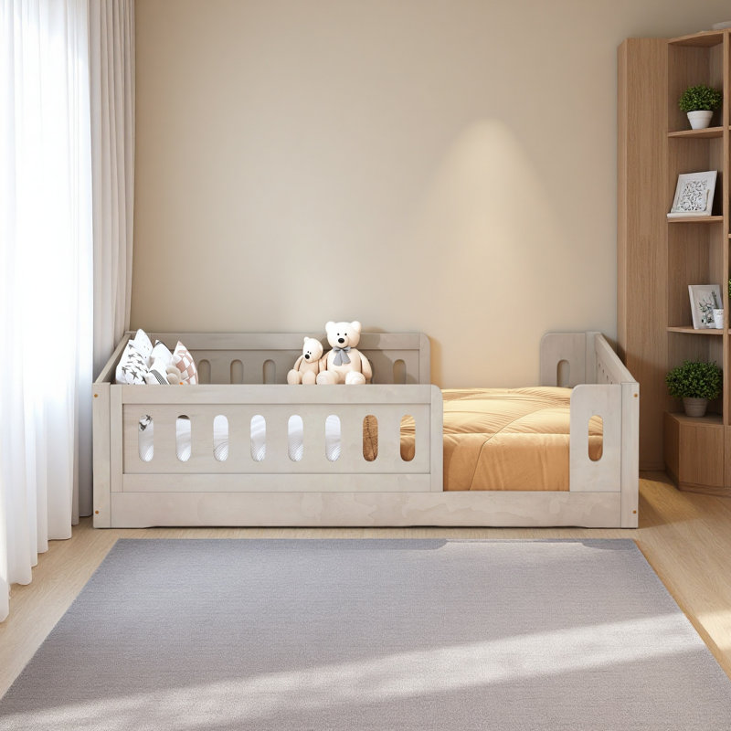Wood Twin Size Platform Bed With Guardrail, Natural