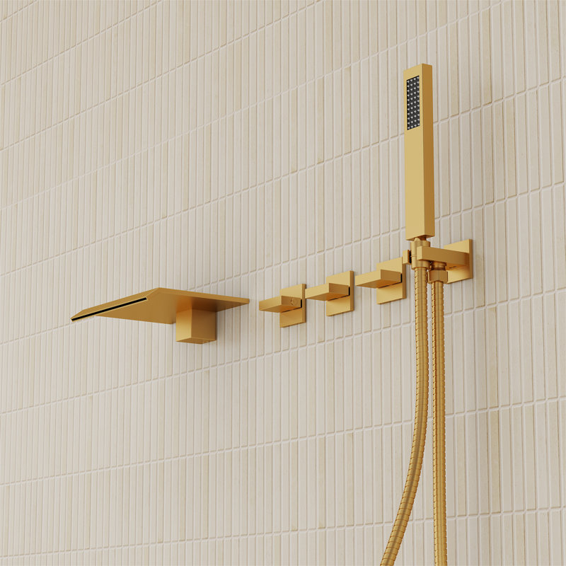 Wall Mounted Waterfall Tub Spout Bathtub Faucet with Diverter & Handheld Shower, Brushed Gold