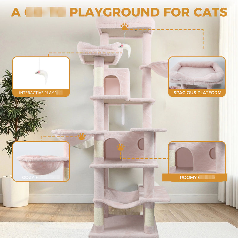 Arbre à chat à niveaux multiples de 68 pouces de hauteur rose avec 6 aires de jeu, coussins amovibles confortables, poteaux à griffes enveloppants relaxants pour chats