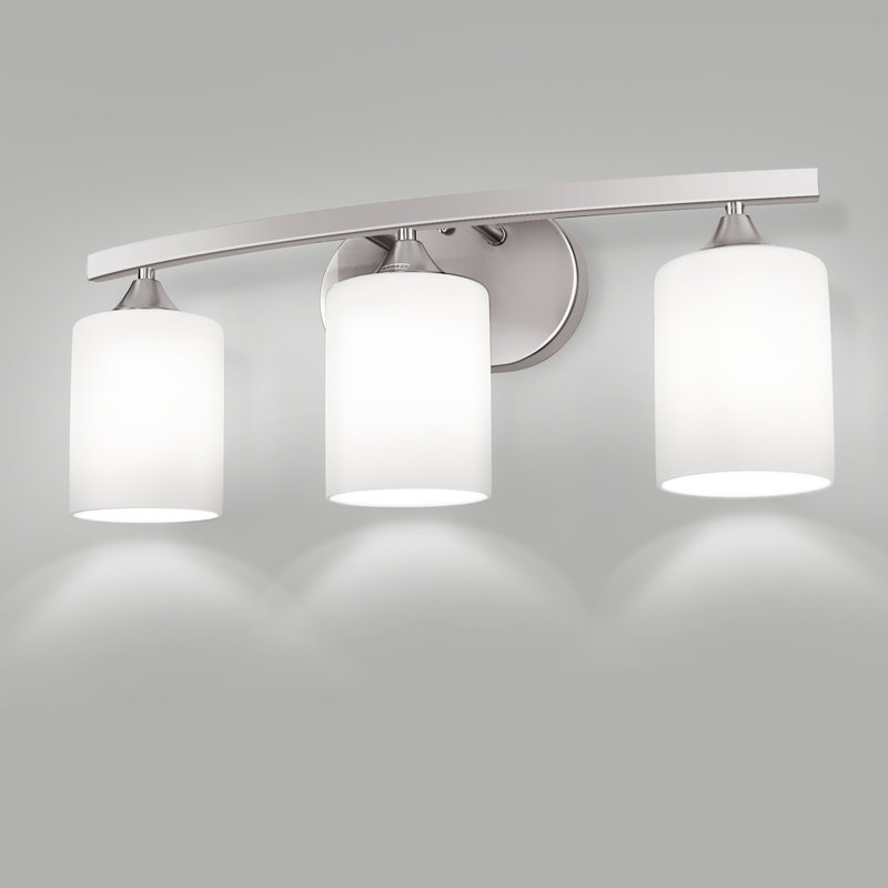 22 In. 3 Light Nickel Modern Cylinder Vanity Light For Bathroom, Bedroom With Curved Arms And Milk White Glass Shades