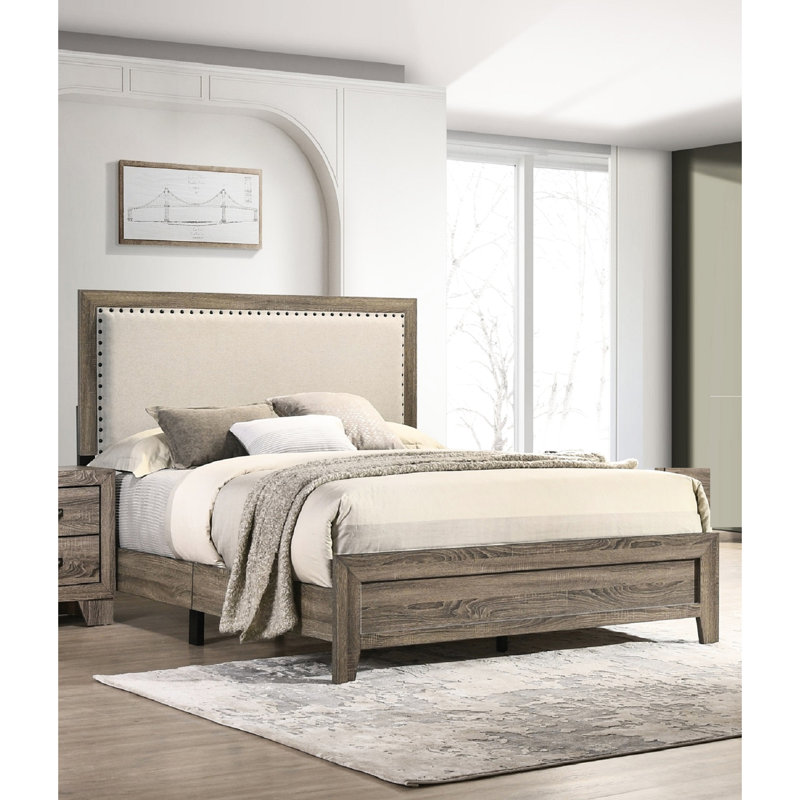 Lit simple pour enfant avec tête de lit grise, placages en bois massif et structure en bois massif, meubles de chambre à coucher