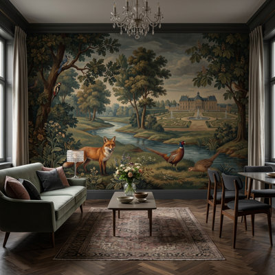 European Château Wallpaper Formal Garden River Removable Wall Decor