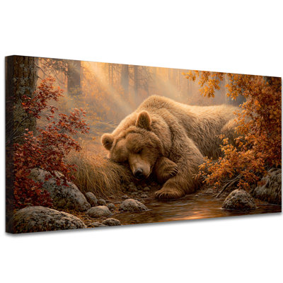 Fall Canvas Wall Art Rustic Autumn Farmhouse Painting Pictures, Sleeping Bear Forest Stream Artwork for Living Room Bedroom Home Decor, (16"x32")