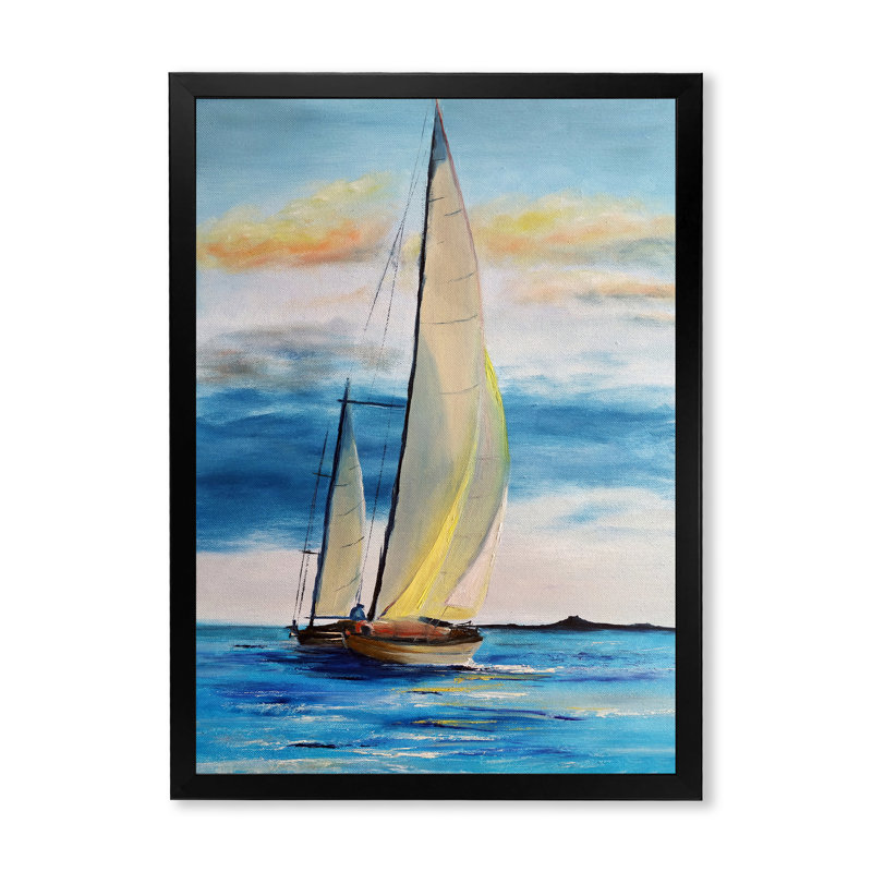 Deux bateaux à voile avec un pêcheur sur la mer bleue - Peinture sur toile, H 40 po x l 30 po x P 1,5 po, Cadre photo noir