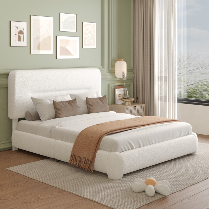 Haden Lambswool Boucle Upholstered Platform Bed Frame with Adjustable Headboard, Queen, White