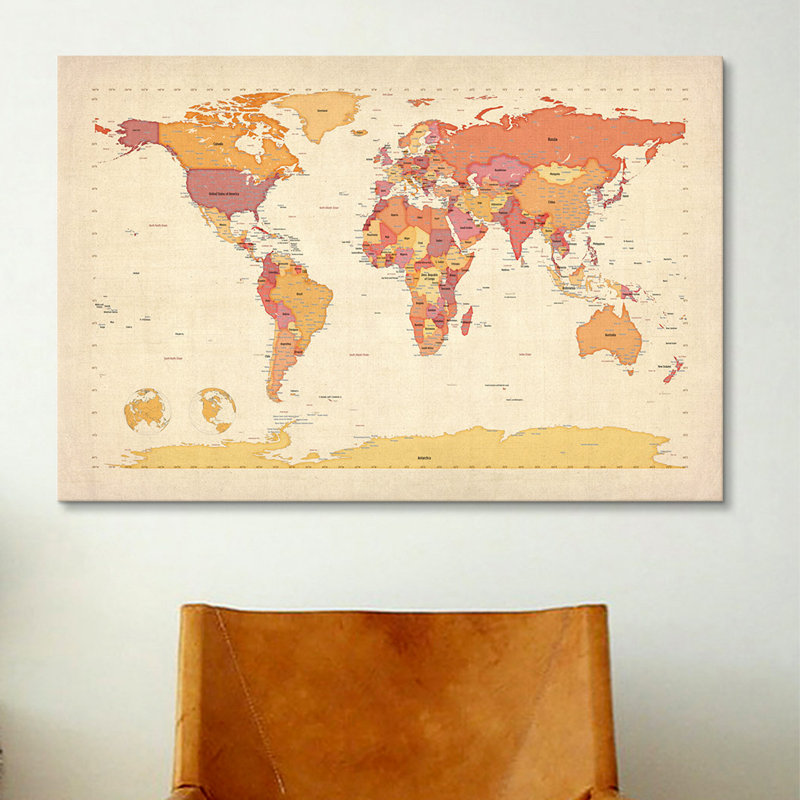 «Map of The World VII» par Michael Tompsett, impression sur toile, H 18 po x l 26 po x P 1,5 po, Toile tendue, Pas de tapis