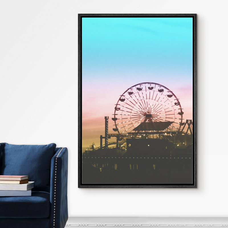Signature signée, impression sur toile encadrée, grande roue à la jetée au crépuscule, photographie de plage, art moderne, nautique, paysage, coloré, ultra pour le salon, la chambre à coucher, le bureau - 24 po x 36 po - blanc