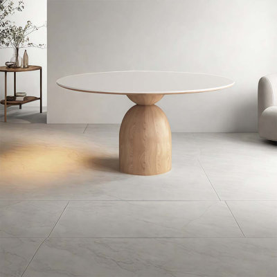 Table de conférence ronde avec plateau en ardoise blanche et base en bois massif